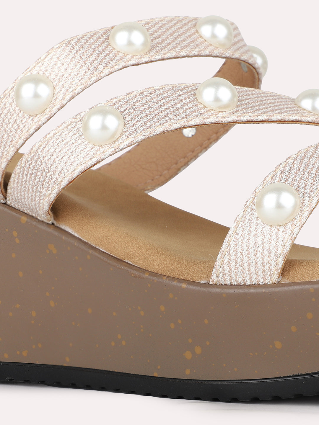 Women Rose Gold Party Wear Embellished Round Toe Wedge Heels