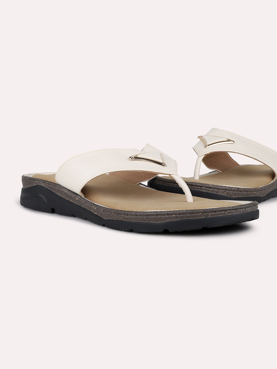 Womens Cream Casual Solid T-Strap Sandals