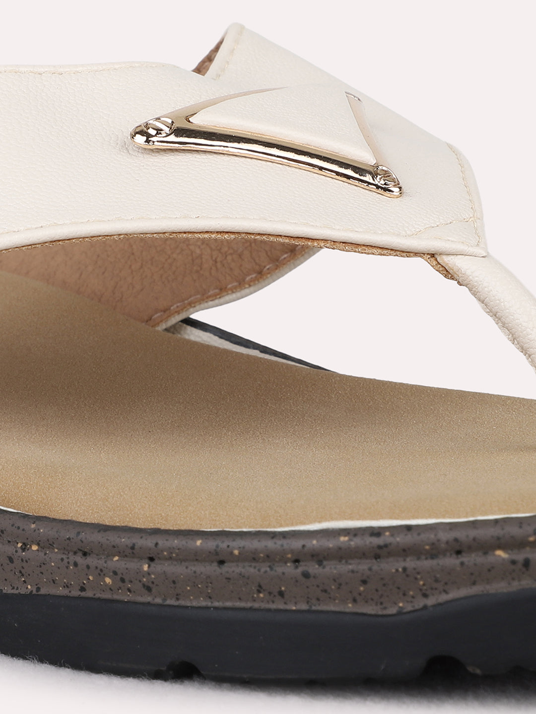 Womens Cream Casual Solid T-Strap Sandals