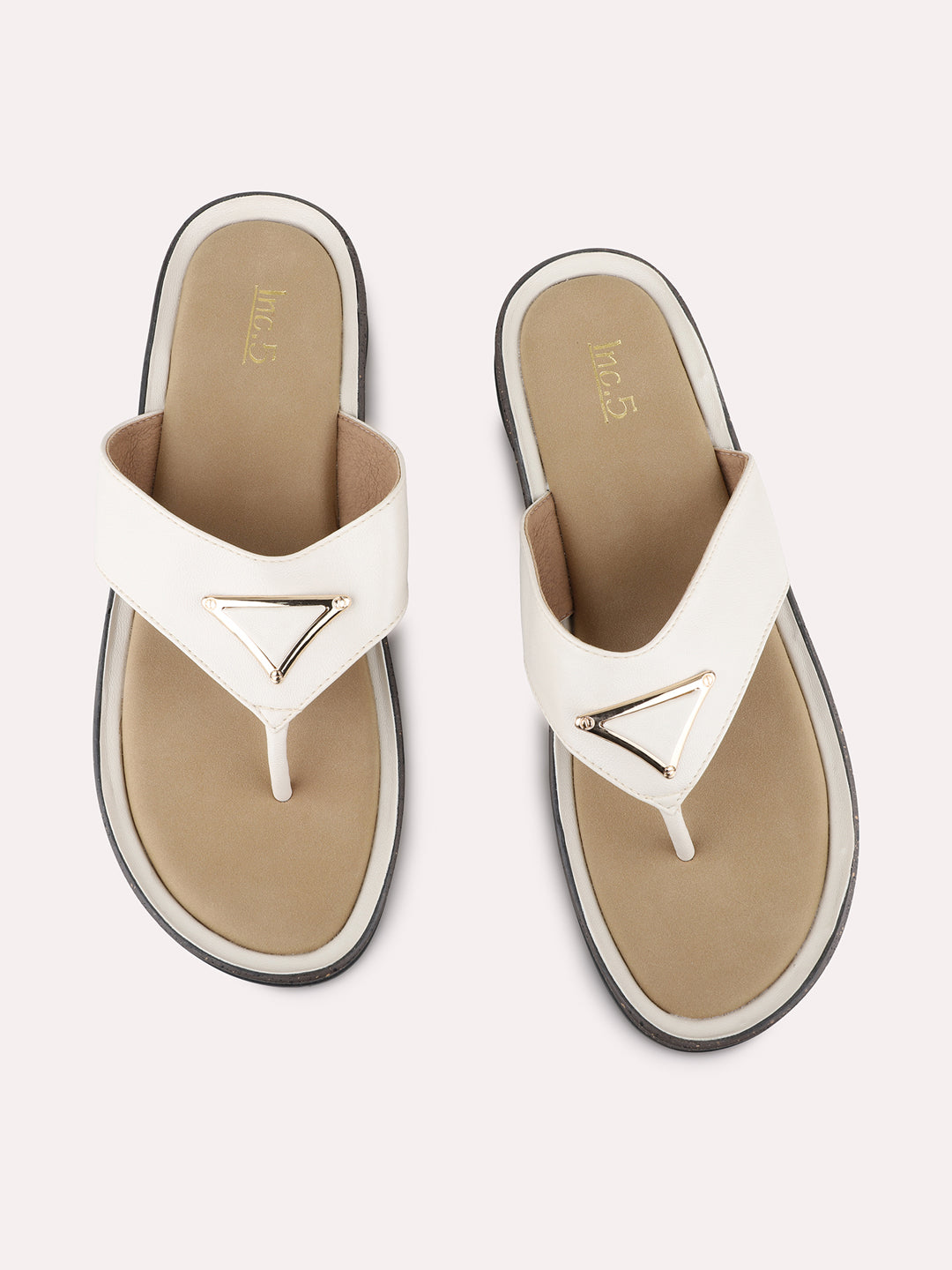 Womens Cream Casual Solid T-Strap Sandals