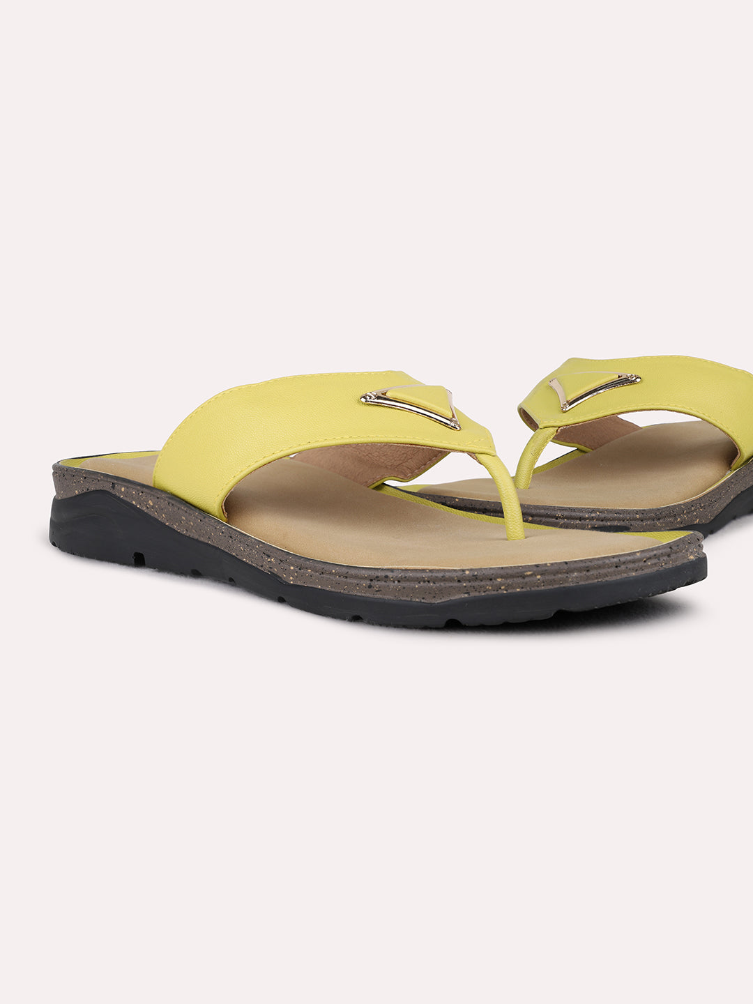 Womens Yellow Casual Solid T-Strap Flat Sandals