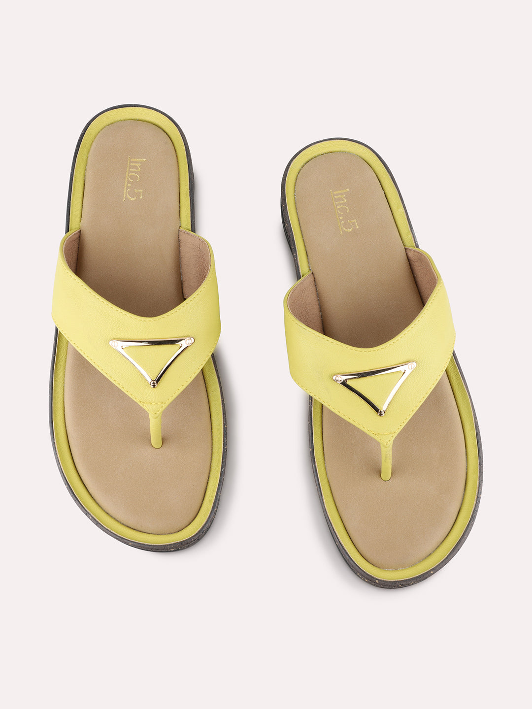 Womens Yellow Casual Solid T-Strap Flat Sandals