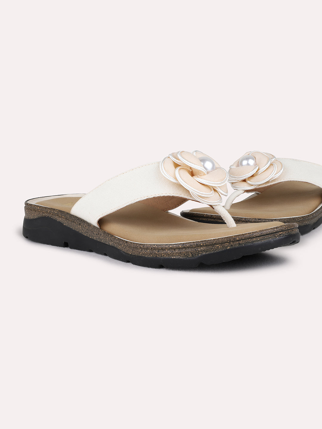 Womens Cream Ethnic Floral Print T-Strap Flat Slip-On Sandals