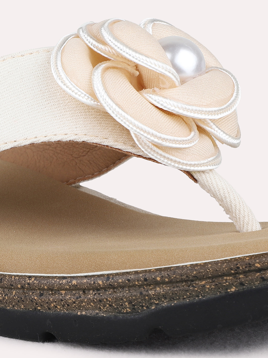 Womens Cream Ethnic Floral Print T-Strap Flat Slip-On Sandals