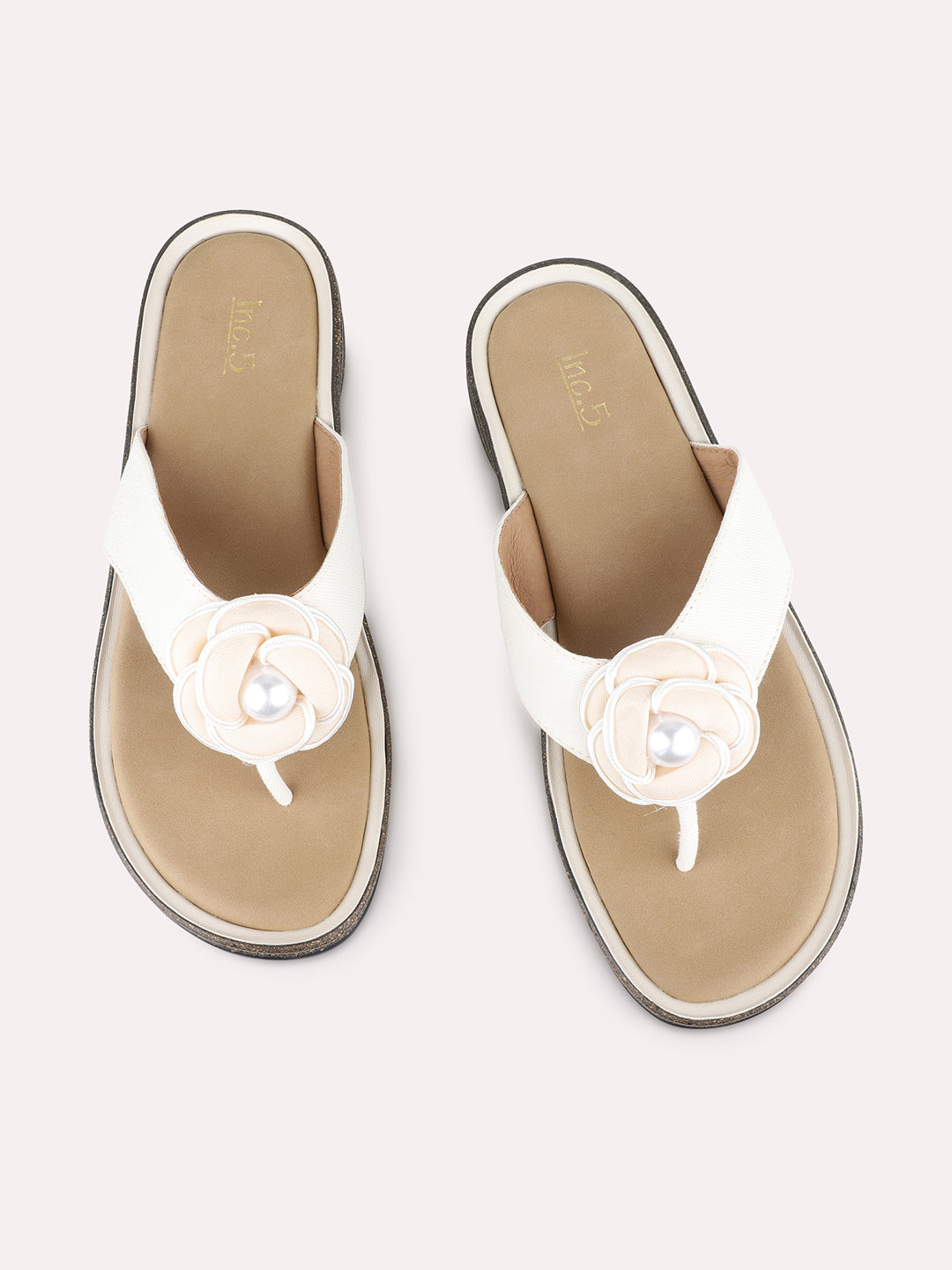 Womens Cream Ethnic Floral Print T-Strap Flat Slip-On Sandals