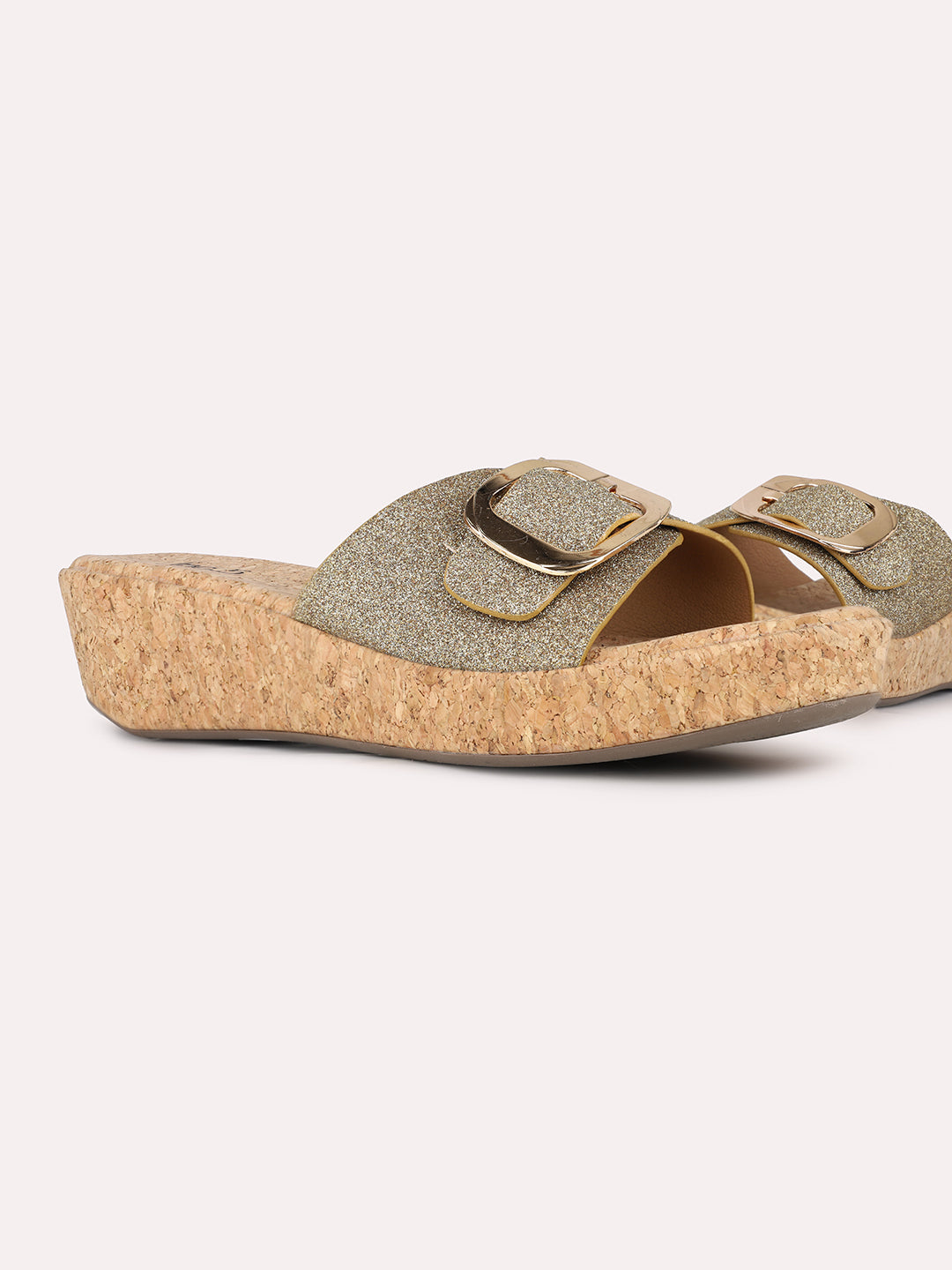 Women Golden Party Wear Embellished Pattern Round Toe Wedge Heel Sandals