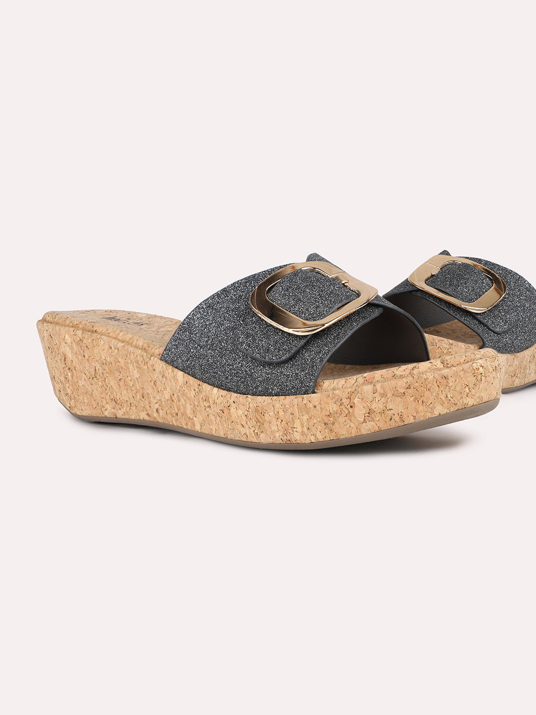 Women Pewter Ethnic Solid Round Toe Wedge Heel Sandals