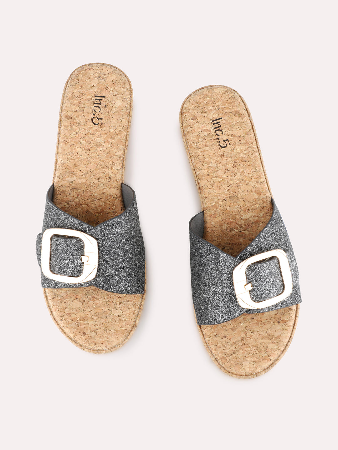 Women Pewter Ethnic Solid Round Toe Wedge Heel Sandals