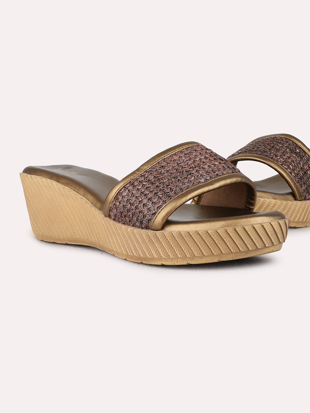 Womens Golden Ethnic Wear Textured Round Toe Wedge Heels