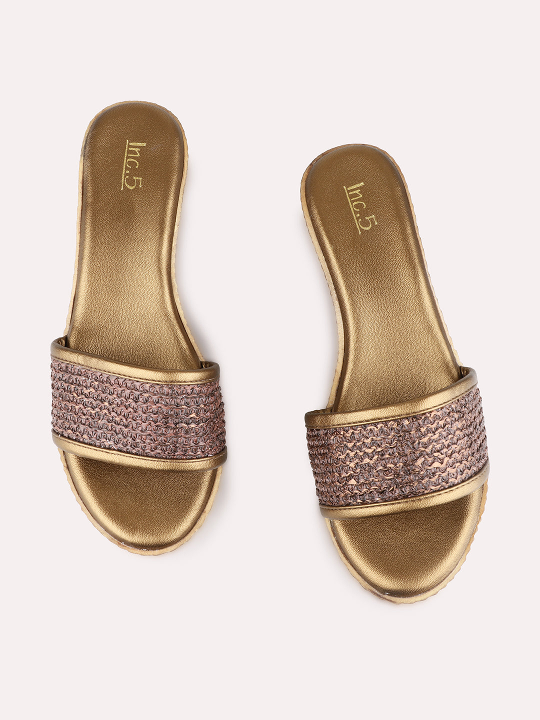 Womens Golden Ethnic Wear Textured Round Toe Wedge Heels