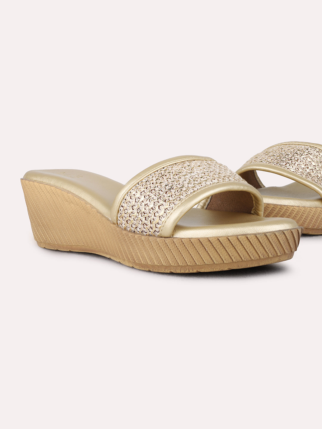 Womens Golden Ethnic Wear Textured Round Toe Wedge Sandals