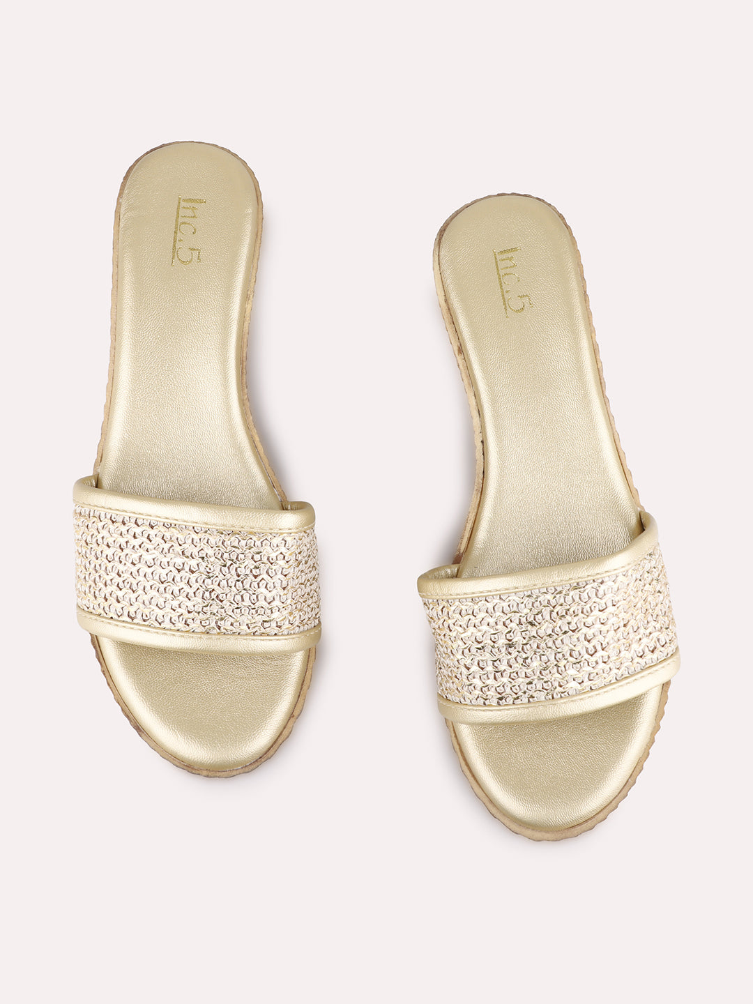 Womens Golden Ethnic Wear Textured Round Toe Wedge Sandals