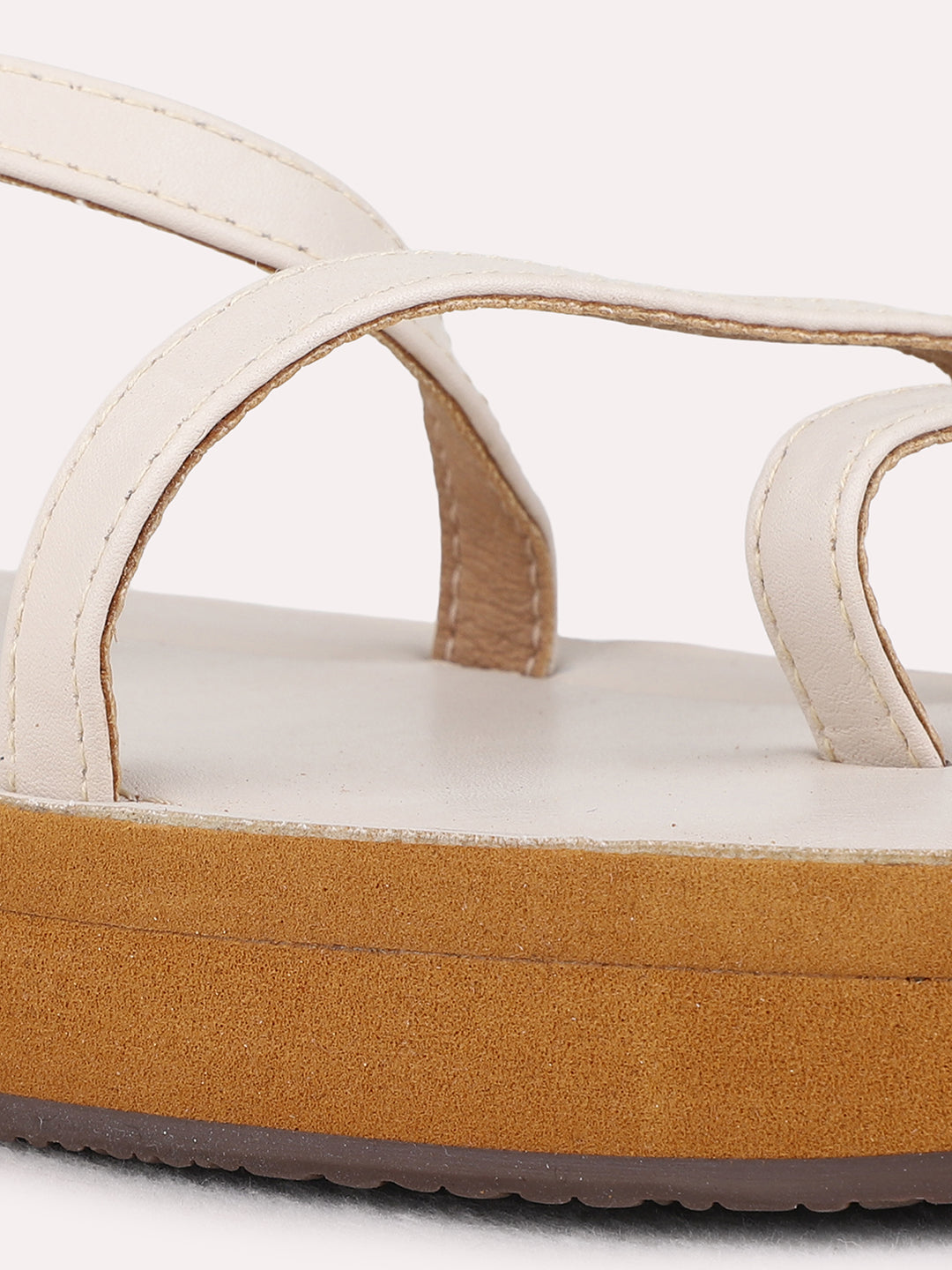 Womens Cream Casual Solid One Toe Flat Sandals