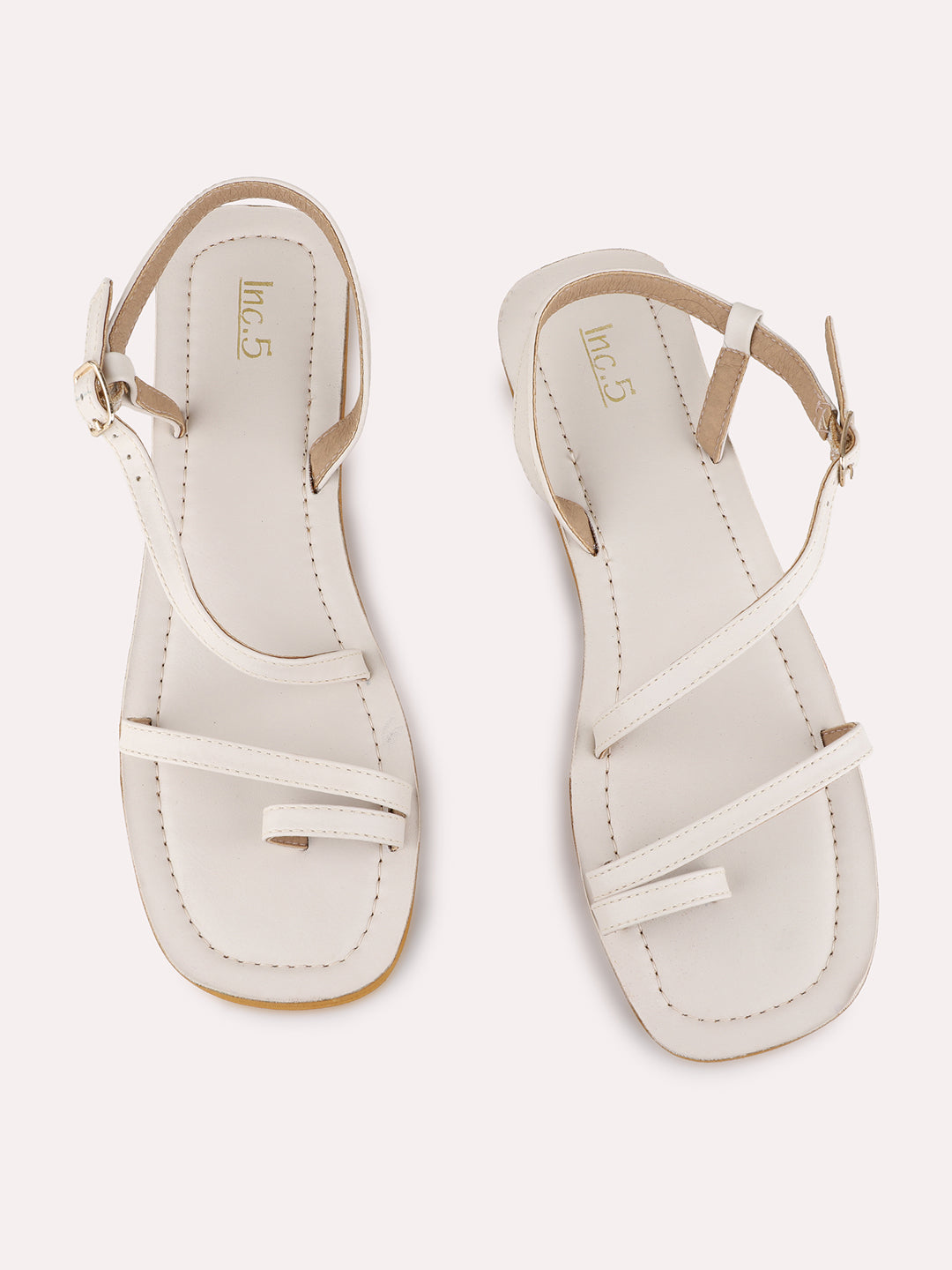 Womens Cream Casual Solid One Toe Flat Sandals