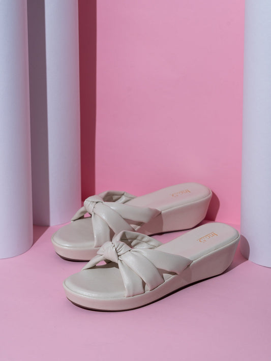 Womens Cream Party Wear Solid Round Toe Wedge Heels