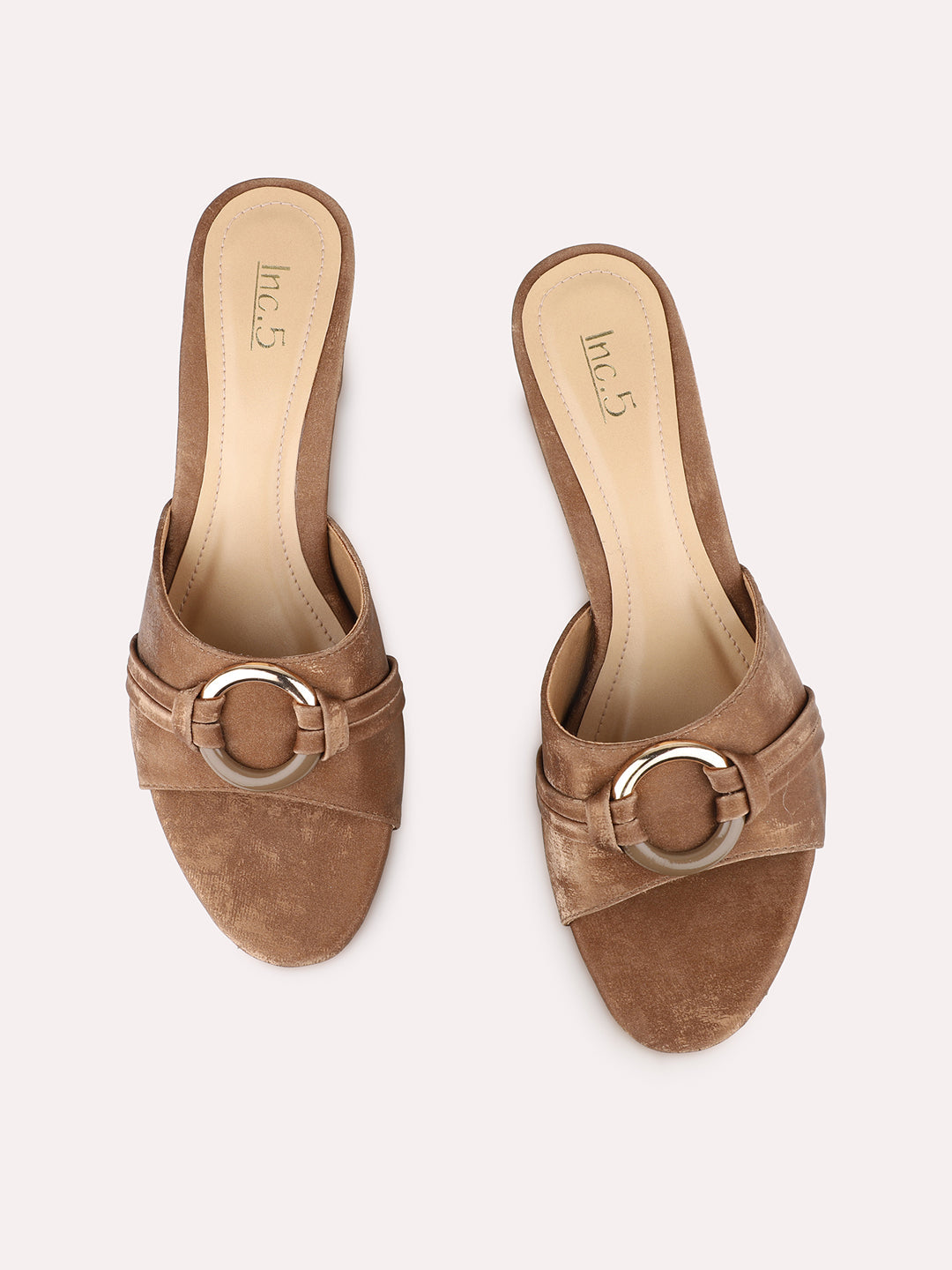 Womens Brown Party Wear Solid Pattern Round Toe Block Heels