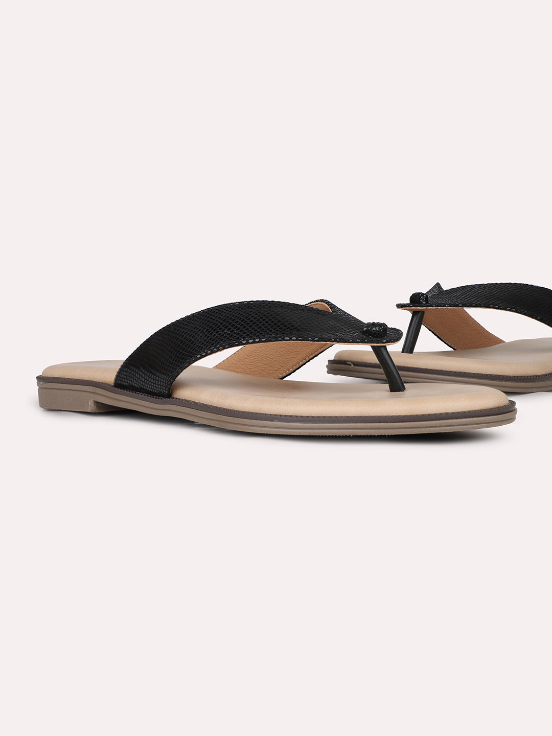 Womens Black Casual Solid T-Strap Slip-On Flat Sandals