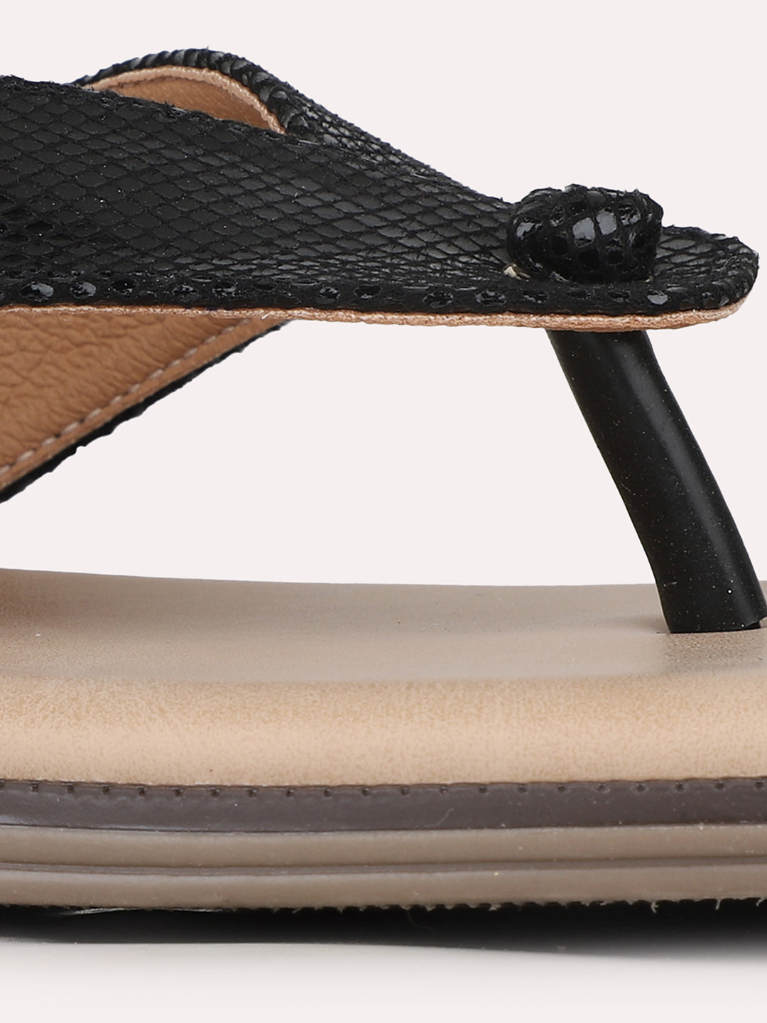 Womens Black Casual Solid T-Strap Slip-On Flat Sandals