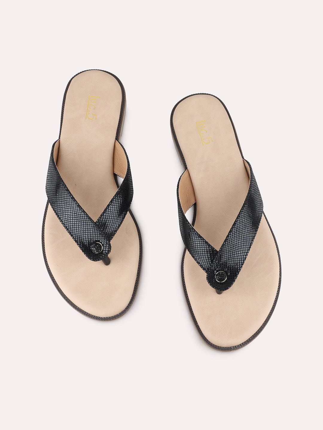 Womens Black Casual Solid T-Strap Slip-On Flat Sandals