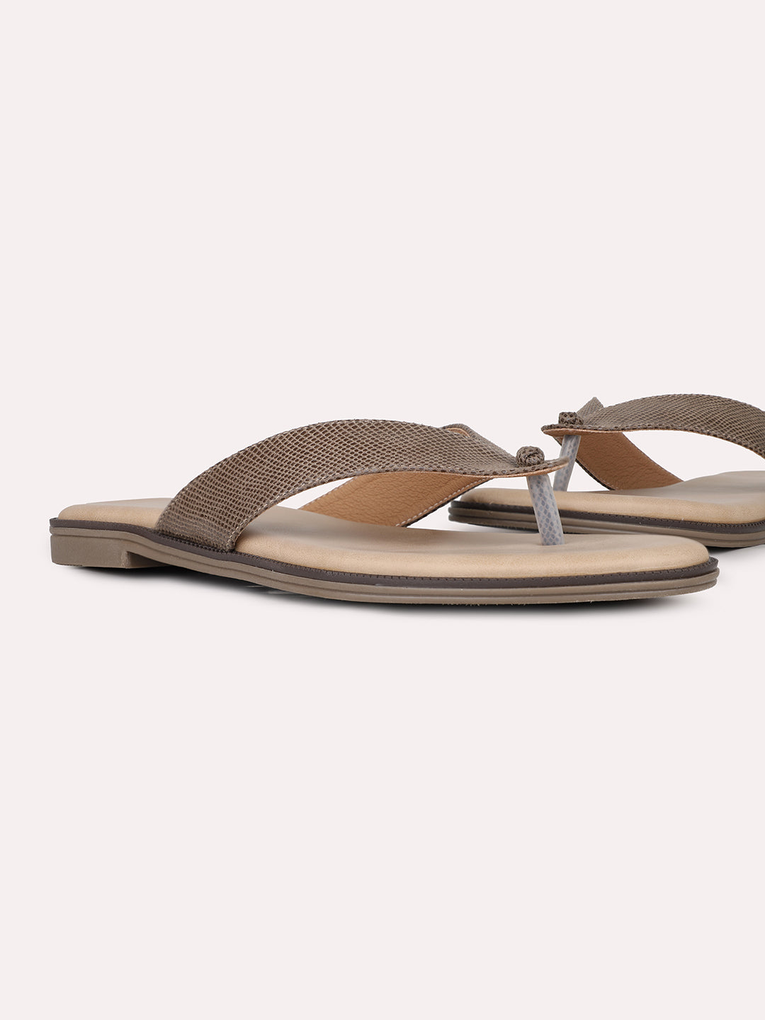 Womens Grey Casual Solid T-Strap Slip-On Flat Sandals