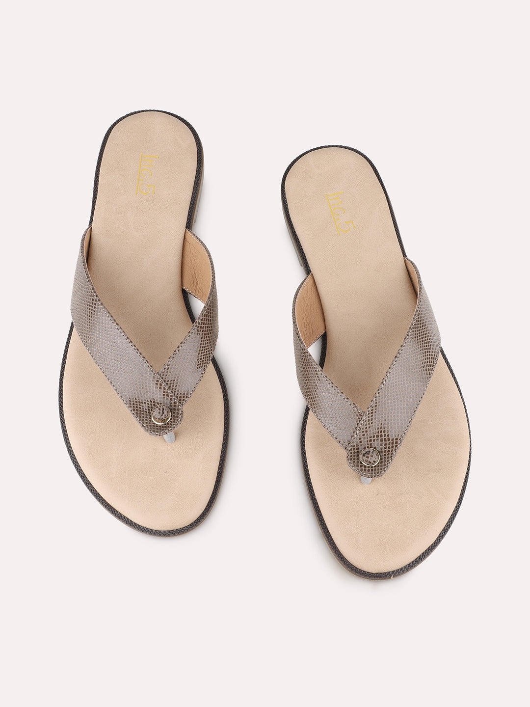 Womens Grey Casual Solid T-Strap Slip-On Flat Sandals