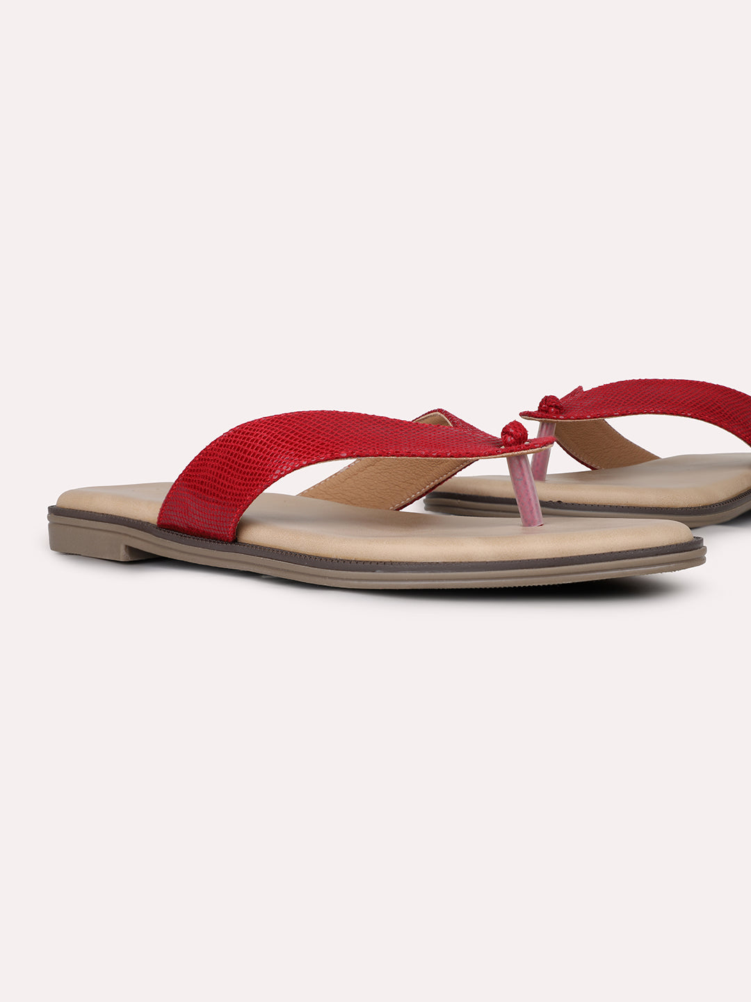 Womens Maroon Casual Solid T-Strap Slip-On Flat Sandals