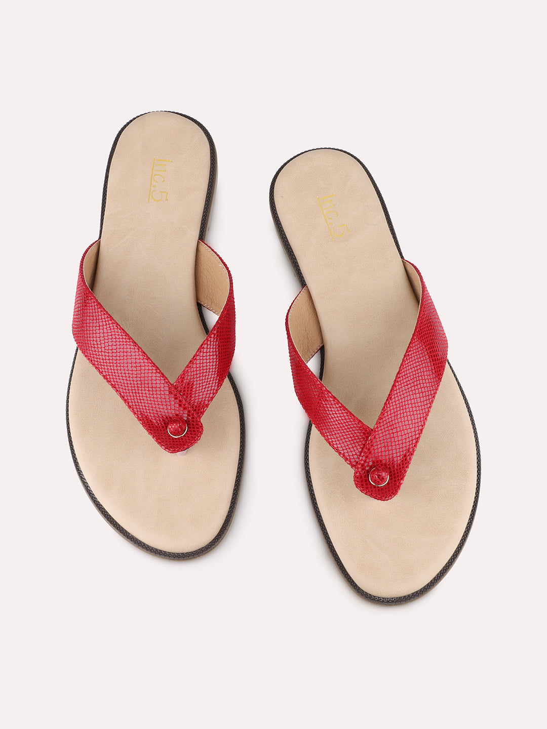 Womens Maroon Casual Solid T-Strap Slip-On Flat Sandals