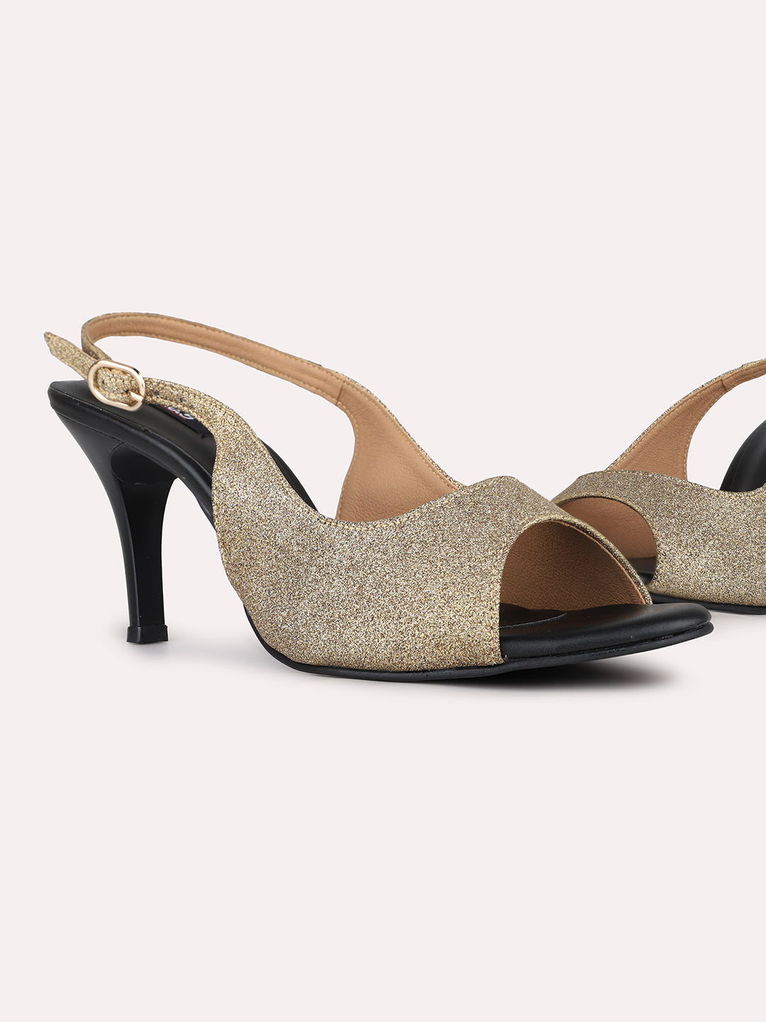 Women Golden Party Wear Embellished Square Toe Stiletto Heel Sandals