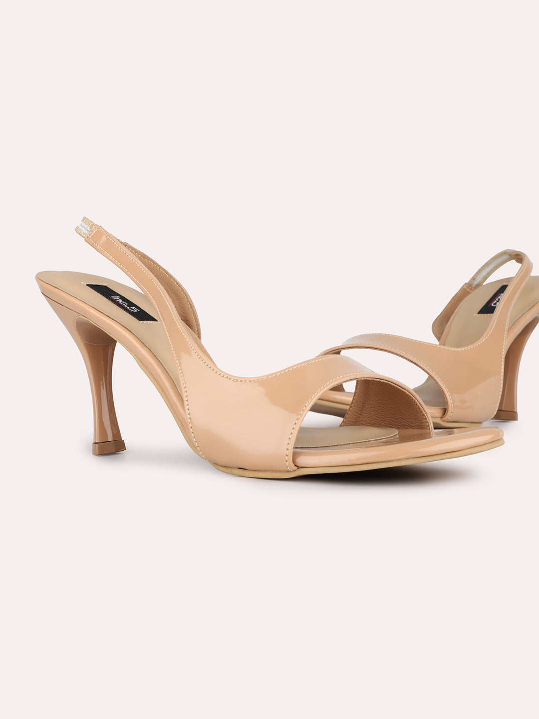Women Beige Party Wear Solid Square Toe Stiletto Heel Sandals