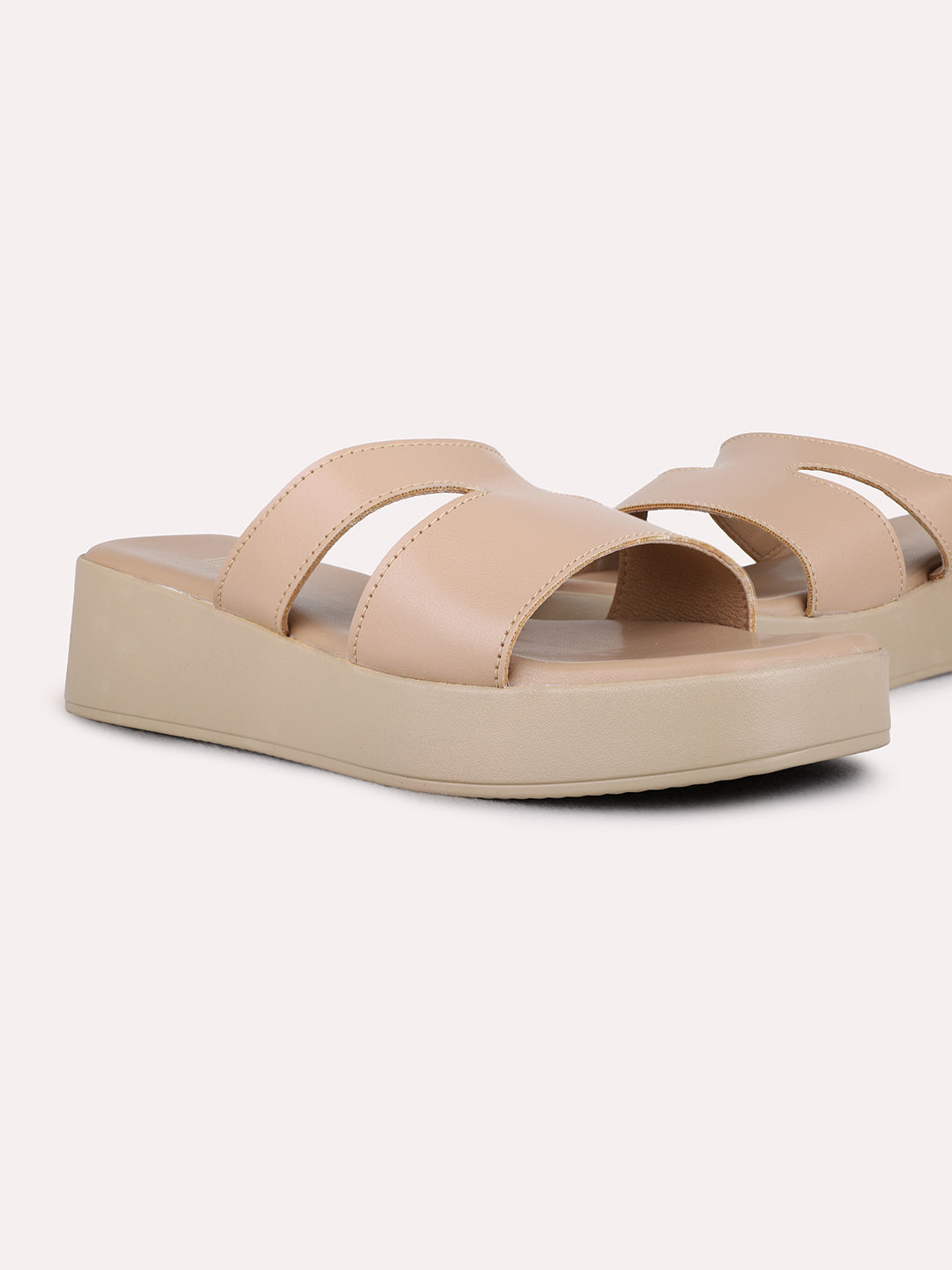 Womens Beige Casual Solid Open Toe Flat Slip-on Sandals