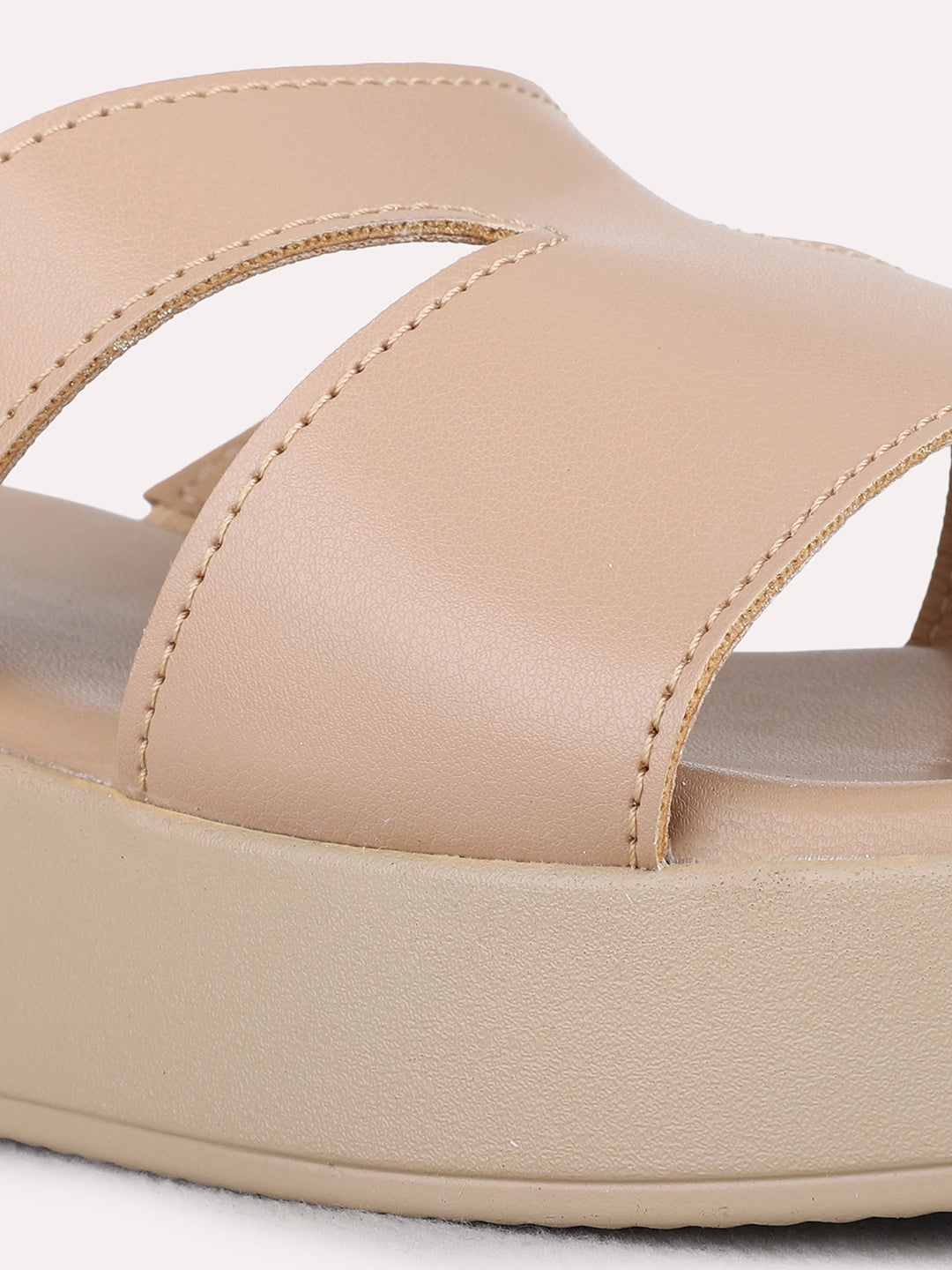 Womens Beige Casual Solid Open Toe Flat Slip-on Sandals