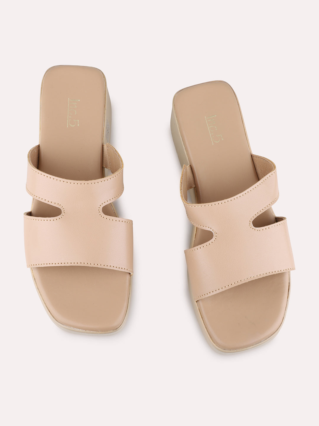 Womens Beige Casual Solid Open Toe Flat Slip-on Sandals