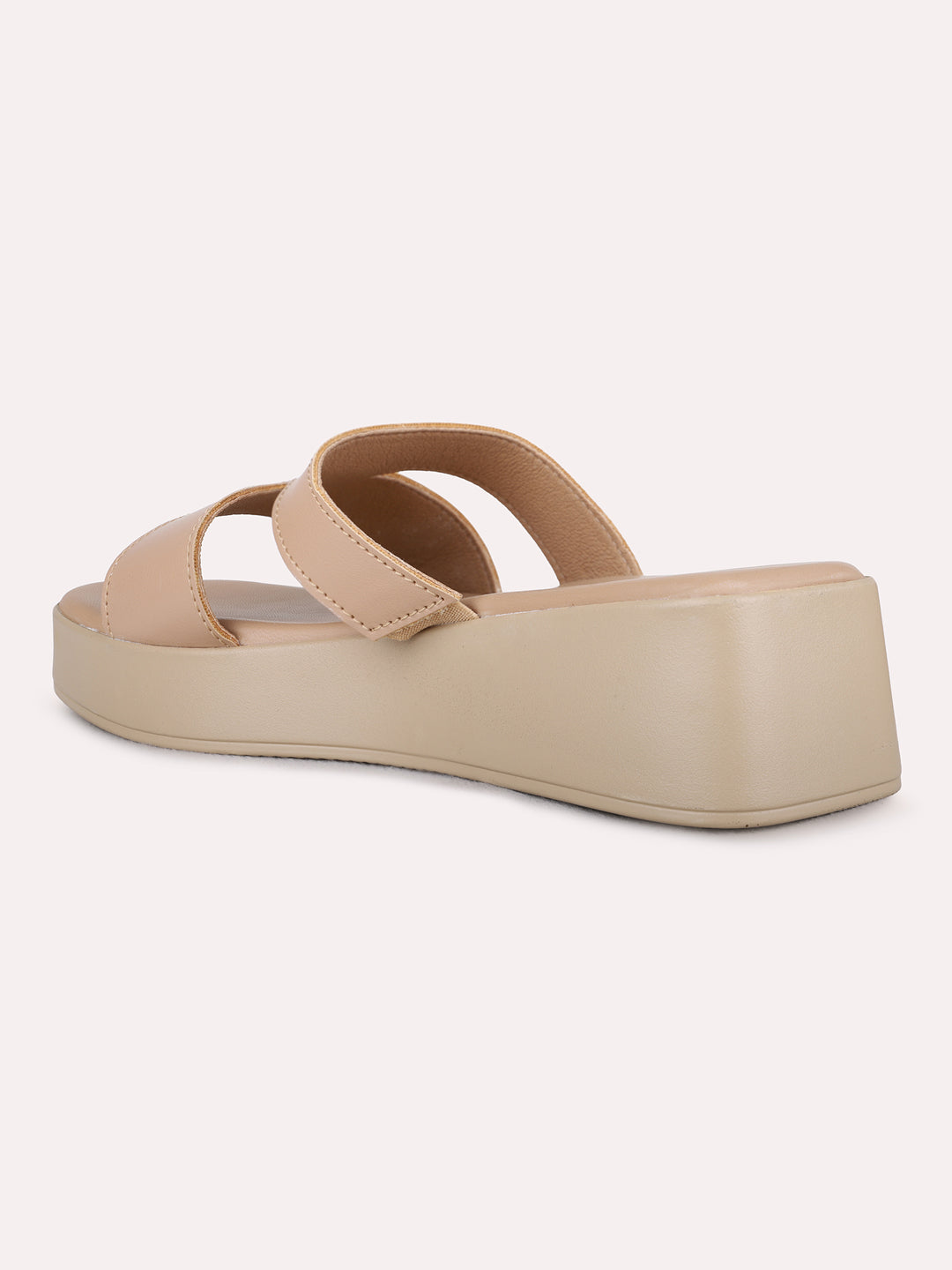 Womens Beige Casual Solid Open Toe Flat Slip-on Sandals