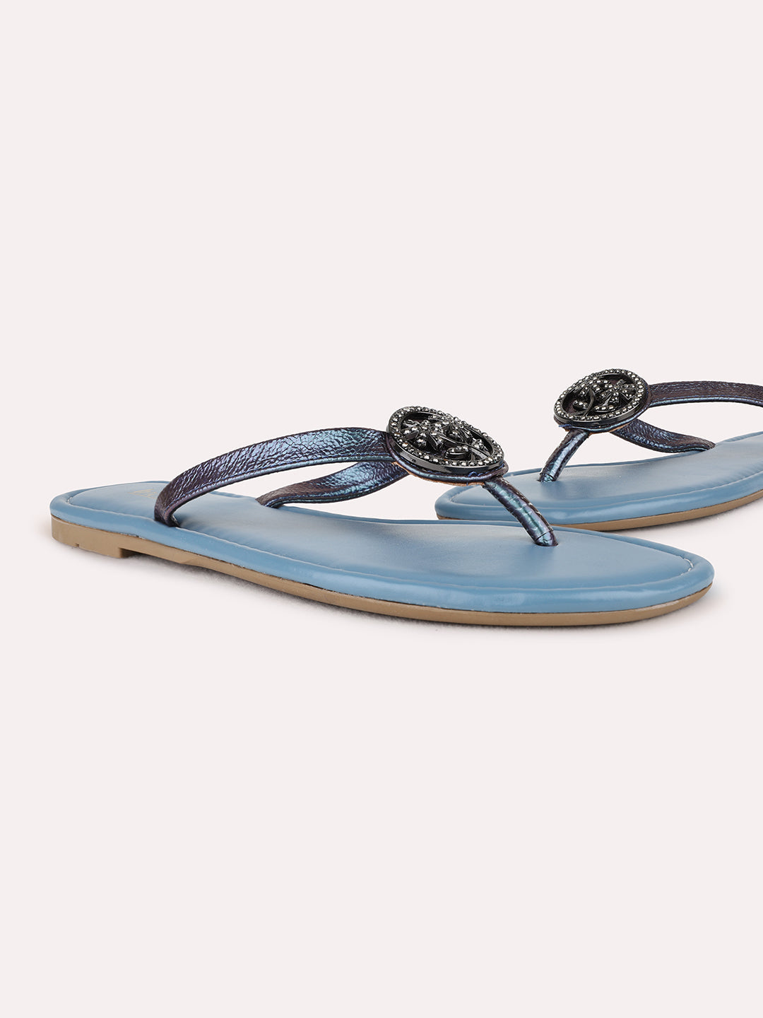 Womens Blue Casual Solid T-Strap Flat Sandals