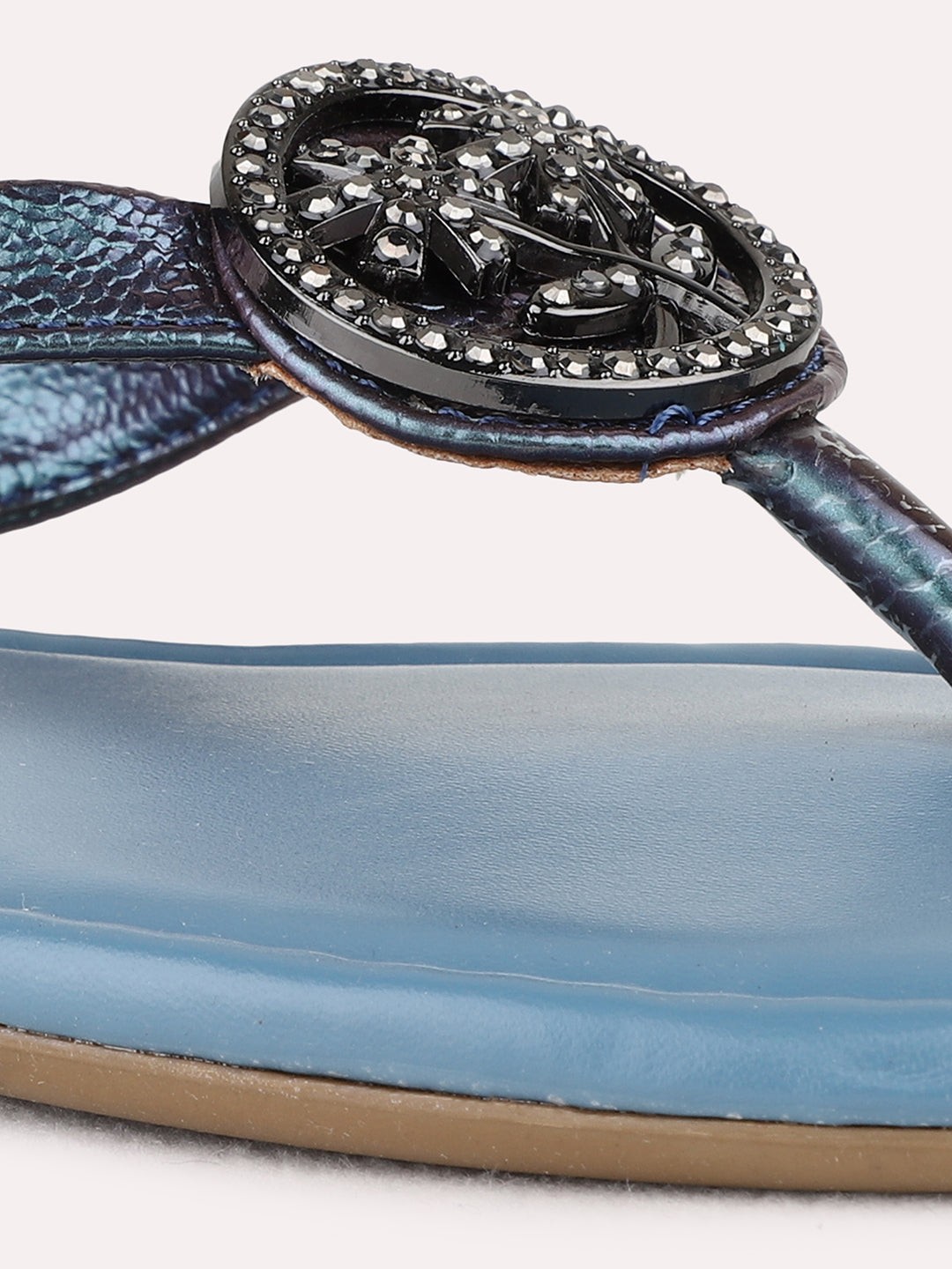 Womens Blue Casual Solid T-Strap Flat Sandals