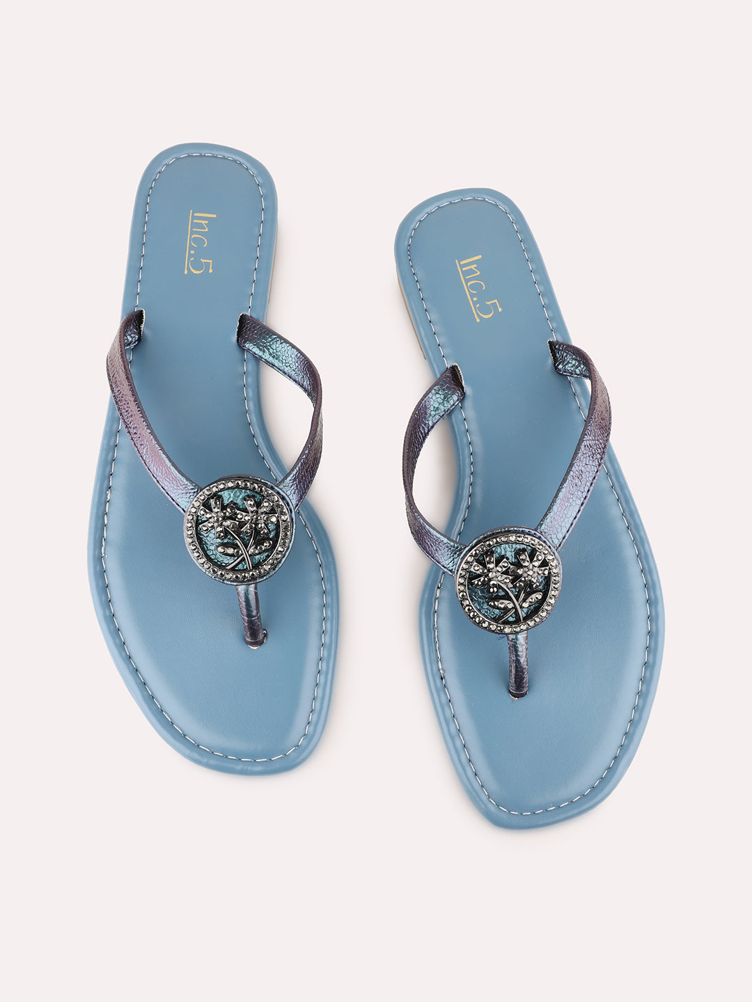 Womens Blue Casual Solid T-Strap Flat Sandals