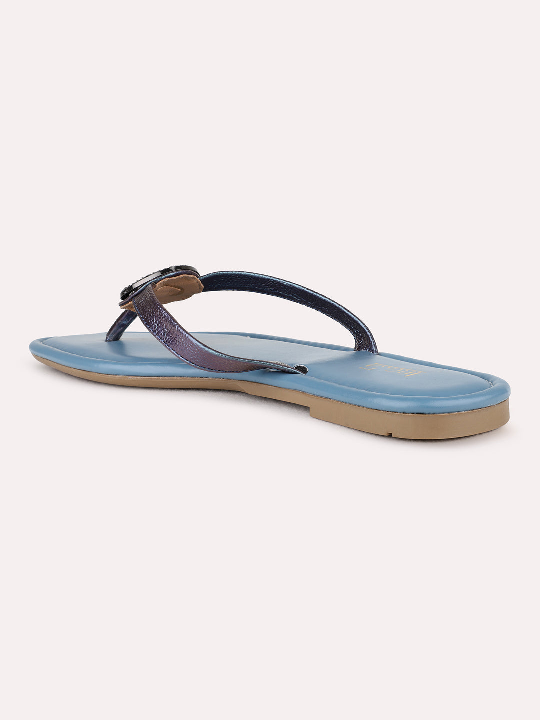Womens Blue Casual Solid T-Strap Flat Sandals