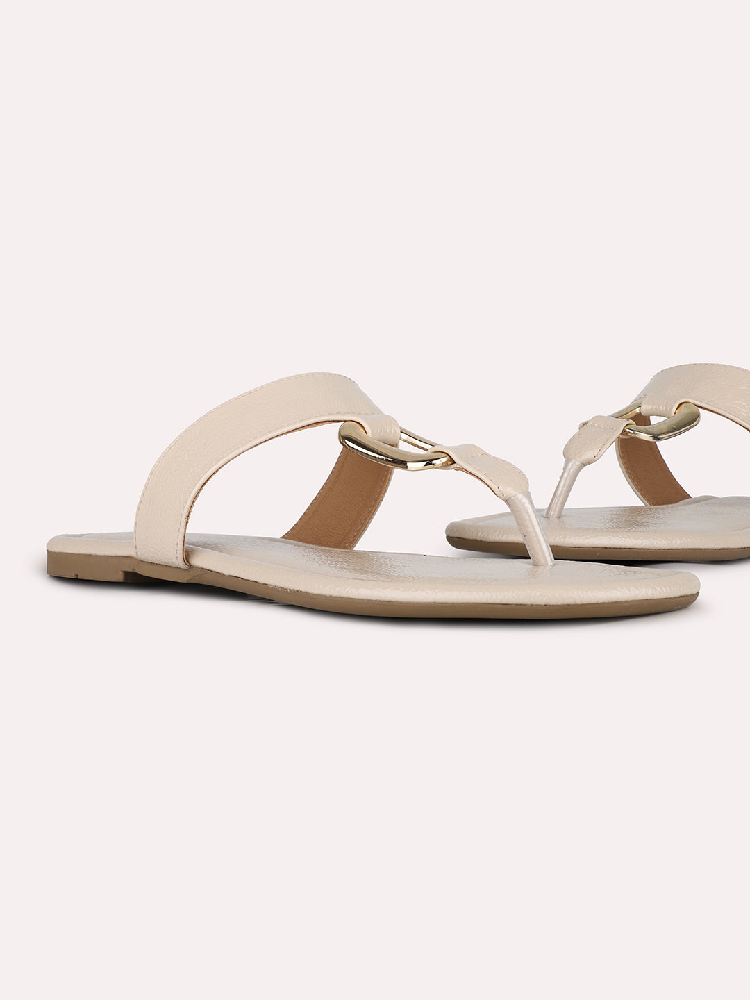 Women Beige Casual Solid T-Strap Flats Slip-On Sandals