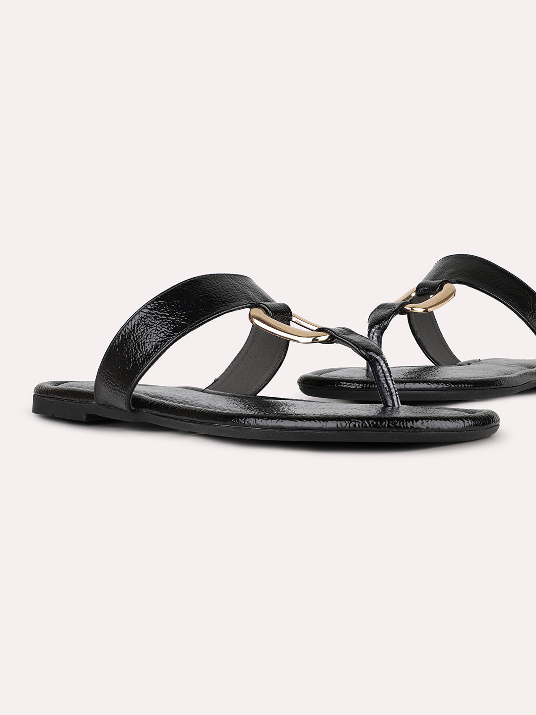 Women Black Casual Solid T-Strap Flats Slip-On Sandals