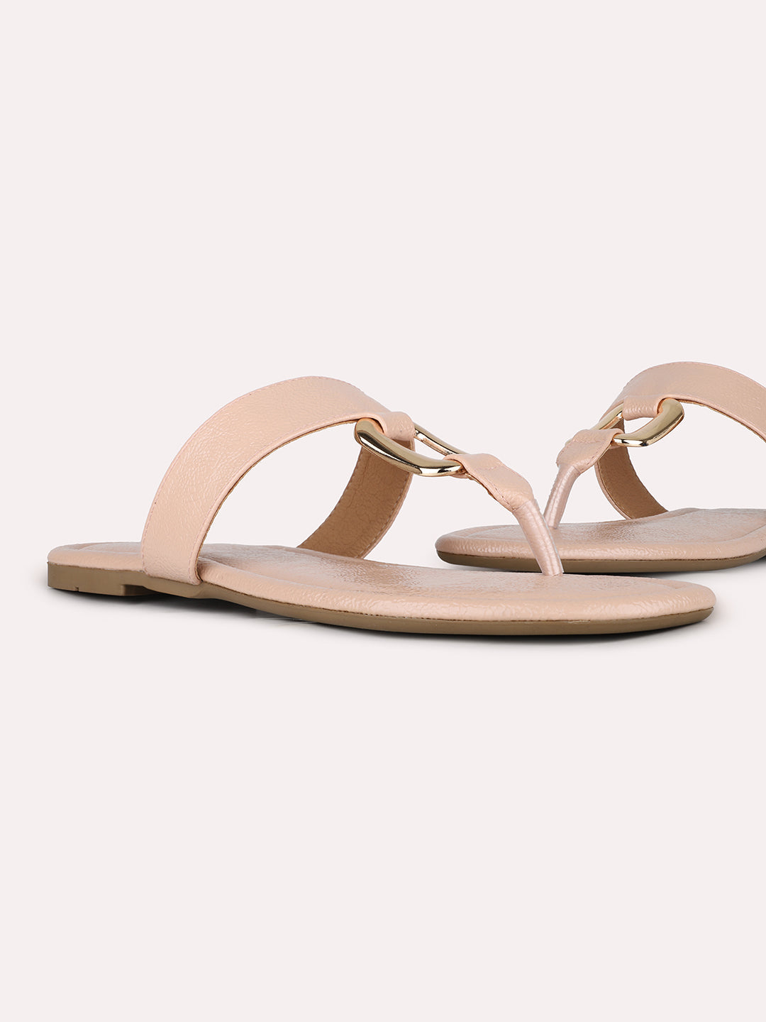 Women Peach Casual Solid T-Strap Flats Slip-On Sandals