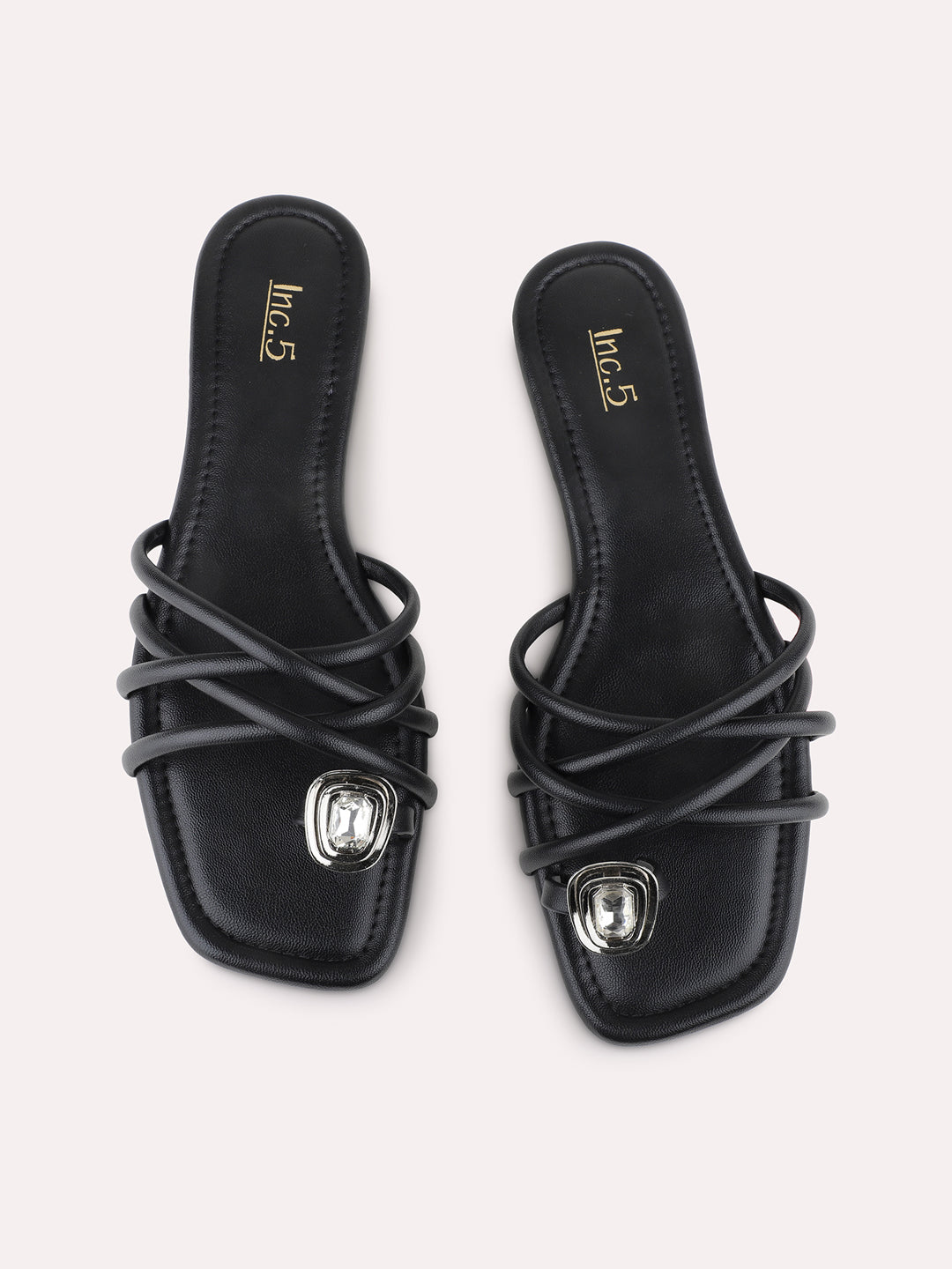 Womens Black Casual Striped One Toe Flat Slip On Sandals