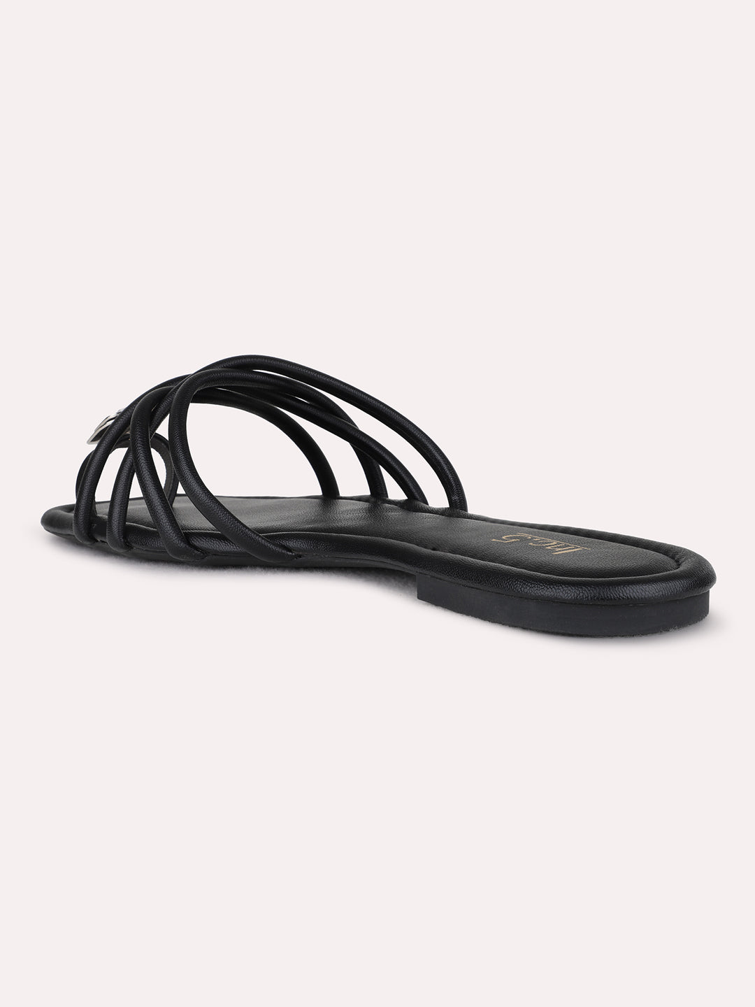 Womens Black Casual Striped One Toe Flat Slip On Sandals