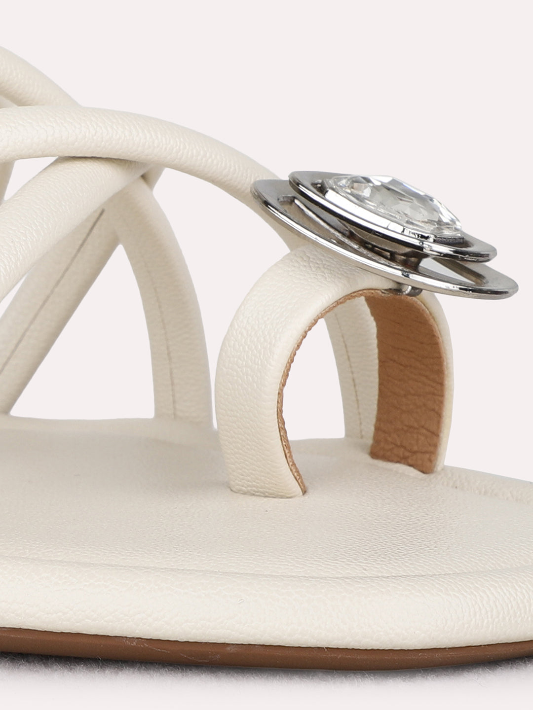 Womens Cream Casual Striped One Toe Flat Slip On Sandals