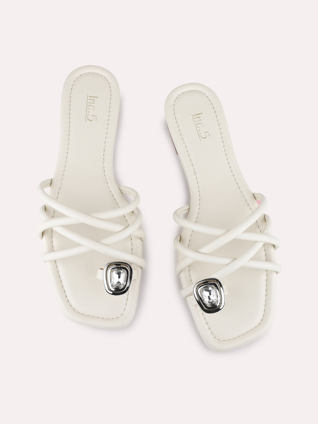 Womens Cream Casual Striped One Toe Flat Slip On Sandals