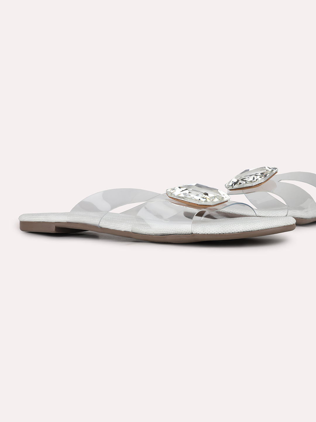 Womens Silver Casual Solid Open Toe Flat Slip-Ons