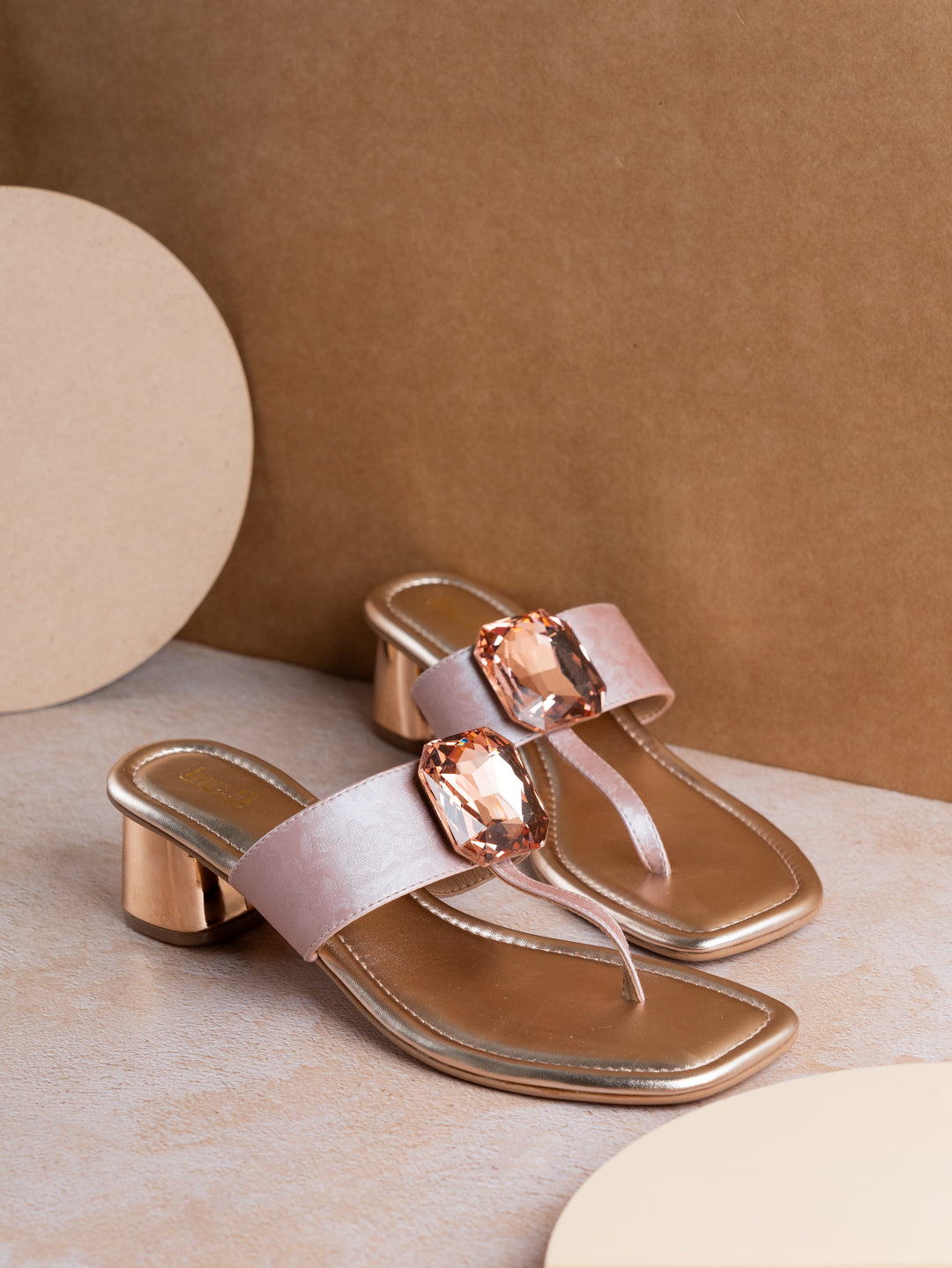 Womens Rose Gold Ethnic Solid Square Toe Block Heel Sandals