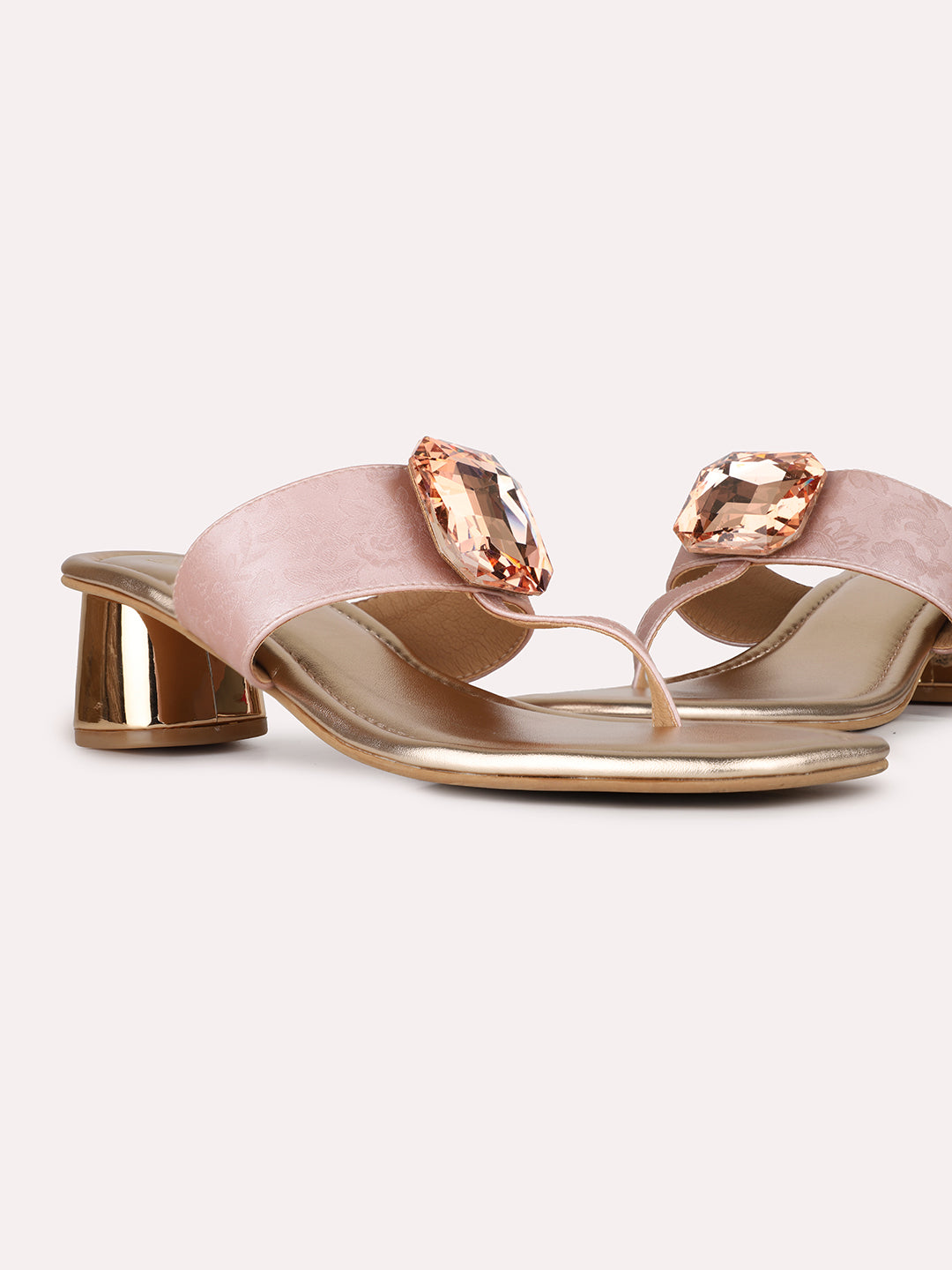 Womens Rose Gold Ethnic Solid Square Toe Block Heel Sandals