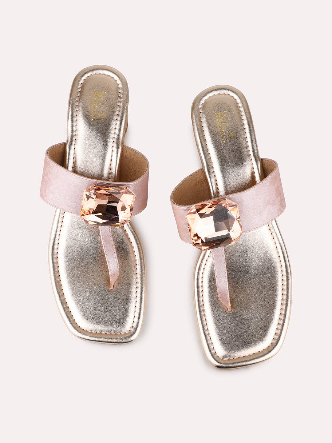 Womens Rose Gold Ethnic Solid Square Toe Block Heel Sandals