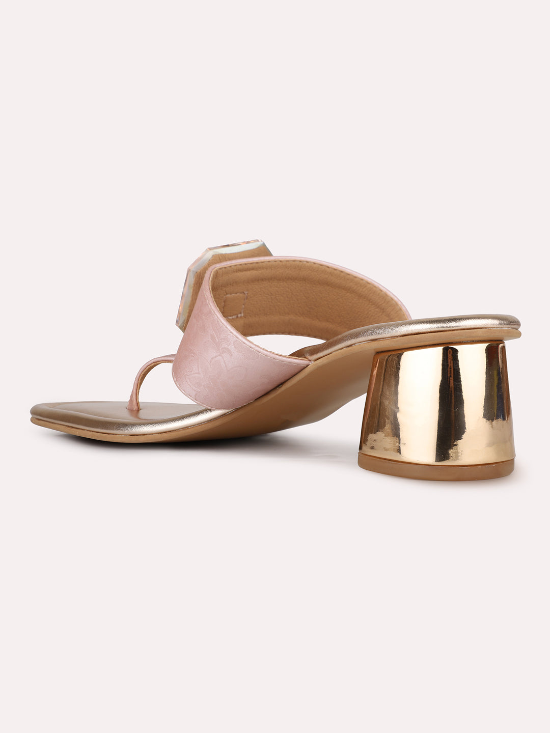 Womens Rose Gold Ethnic Solid Square Toe Block Heel Sandals