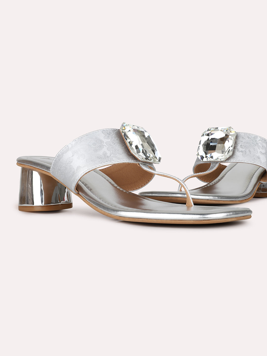 Womens Silver Ethnic Solid Square Toe Block Heel Sandals